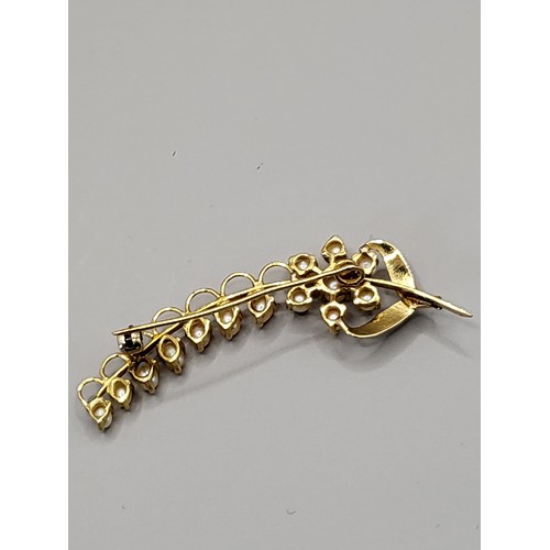 13 - High Carat Seed Pearl Brooch Measures 5.5cm Long With 14 Pearls Unhallmarked Weighs 4.8g