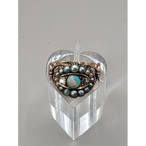 15 - Gold With Diamonds Fiery Opal & Fresh Water Pearl Ring Unhallmarked But Electronically Tested Po... 