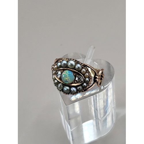 15 - Gold With Diamonds Fiery Opal & Fresh Water Pearl Ring Unhallmarked But Electronically Tested Po... 