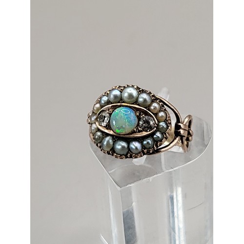 15 - Gold With Diamonds Fiery Opal & Fresh Water Pearl Ring Unhallmarked But Electronically Tested Po... 