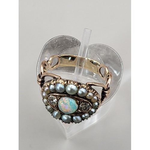 15 - Gold With Diamonds Fiery Opal & Fresh Water Pearl Ring Unhallmarked But Electronically Tested Po... 