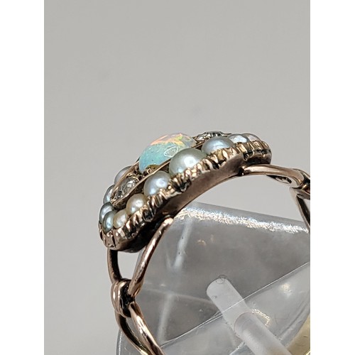 15 - Gold With Diamonds Fiery Opal & Fresh Water Pearl Ring Unhallmarked But Electronically Tested Po... 