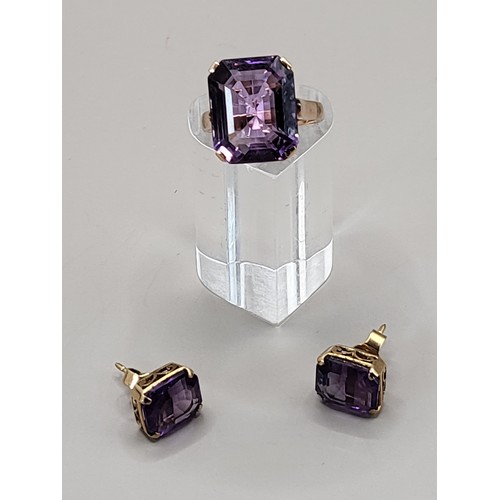 16 - Rose Gold Amethyst Ring & Earring Set Unhallmarked But Test As Gold Ring Measures Size L There i... 