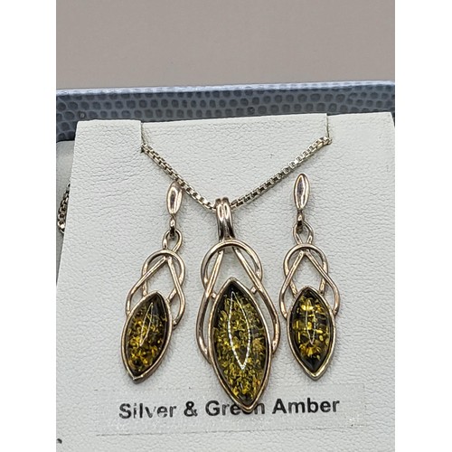 24 - Silver & Green Amber Necklace & Earring Set in Original Box