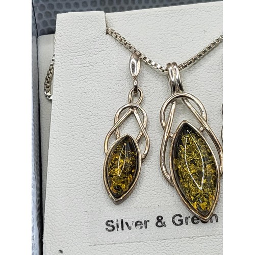 24 - Silver & Green Amber Necklace & Earring Set in Original Box