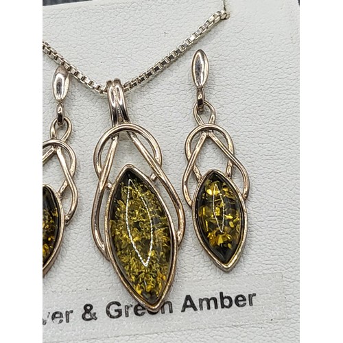 24 - Silver & Green Amber Necklace & Earring Set in Original Box