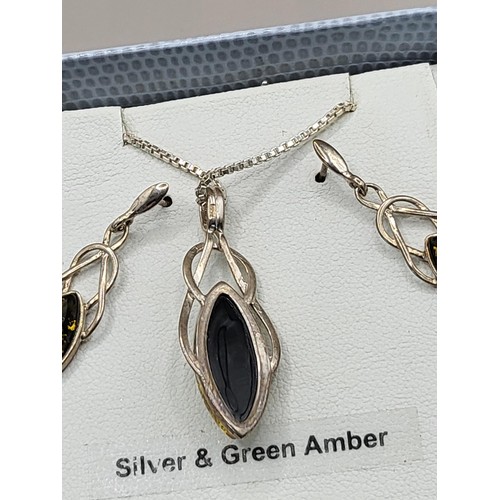 24 - Silver & Green Amber Necklace & Earring Set in Original Box