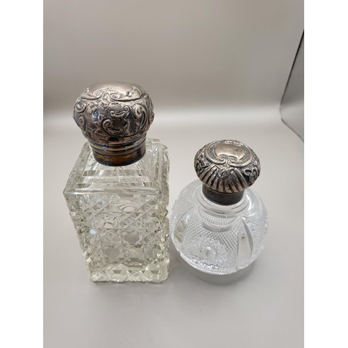 26 - Two Sterling Silver & Crystal Topped Bottles Complete with Stoppers Large One Measures 15cm Tall... 