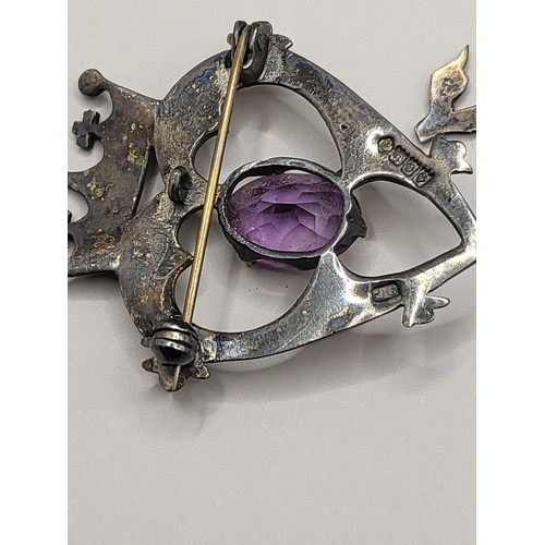 44 - Six Sterling Silver Brooches Very Nice Collection Includes Longboat, Heart with Amethyst, Clan Badge... 