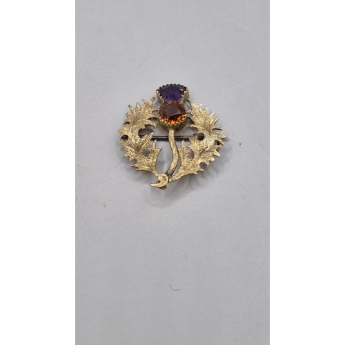 68 - Antique Thistle Brooch with Amethyst & Citrine Top Item is Unhallmarked Tests as 9ct Gold or Hig... 