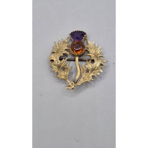 68 - Antique Thistle Brooch with Amethyst & Citrine Top Item is Unhallmarked Tests as 9ct Gold or Hig... 