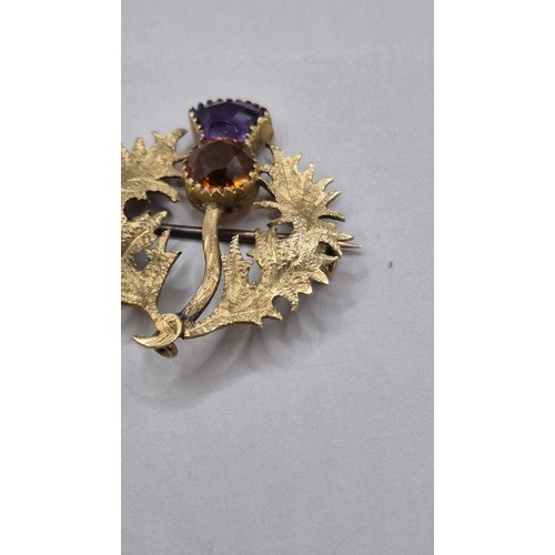 68 - Antique Thistle Brooch with Amethyst & Citrine Top Item is Unhallmarked Tests as 9ct Gold or Hig... 