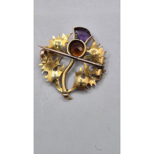 68 - Antique Thistle Brooch with Amethyst & Citrine Top Item is Unhallmarked Tests as 9ct Gold or Hig... 