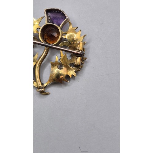 68 - Antique Thistle Brooch with Amethyst & Citrine Top Item is Unhallmarked Tests as 9ct Gold or Hig... 