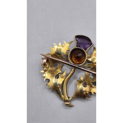 68 - Antique Thistle Brooch with Amethyst & Citrine Top Item is Unhallmarked Tests as 9ct Gold or Hig... 