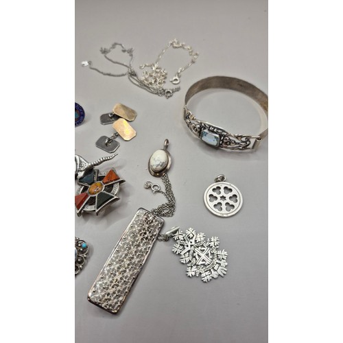 76 - Collection of Silver Jewellery Includes Bangles, Necklaces, Brooches, Ring 