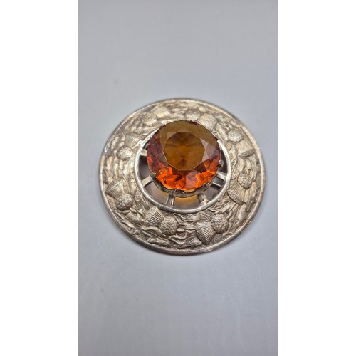 77 - Large White Metal Amber Thistle Shawl Brooch Measures 8.5cm in Diameter