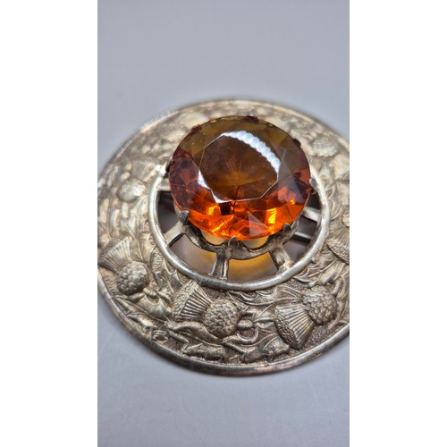 77 - Large White Metal Amber Thistle Shawl Brooch Measures 8.5cm in Diameter