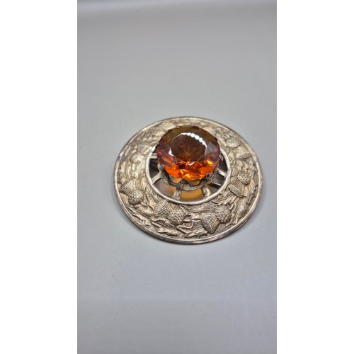 77 - Large White Metal Amber Thistle Shawl Brooch Measures 8.5cm in Diameter