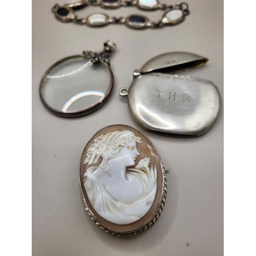 89 - Collection of Silver Jewellery Includes Bracelets, Brooches, Cameo, Vesta 