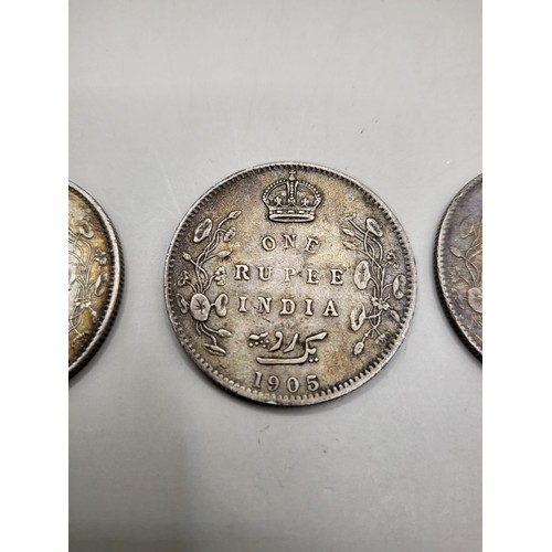 91 - Three British India One Rupee King Edward Coins Dates 1904, 1905, 1907 They all Seem to be in Nice C... 