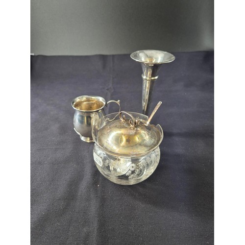 97 - Three Sterling Silver Items to Include Glass Silver Lidded Sugar Bowl with Spoon, Bud Vase & Mil... 