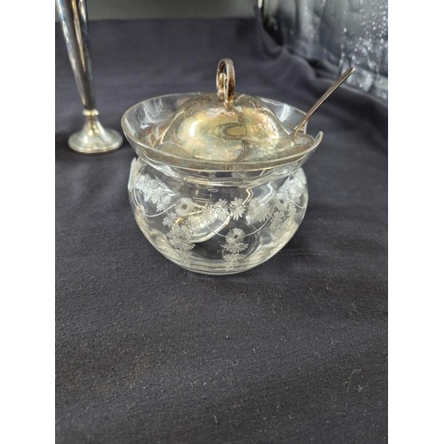 97 - Three Sterling Silver Items to Include Glass Silver Lidded Sugar Bowl with Spoon, Bud Vase & Mil... 