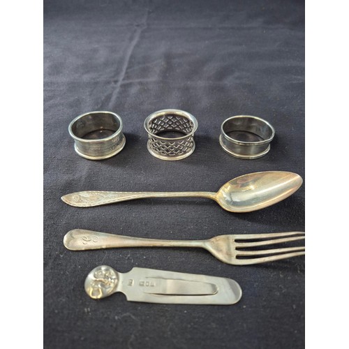 101 - Collection of Sterling Silver Items to Include Spoon, Fork Paper Clip & Three Napkin Rings Weigh... 