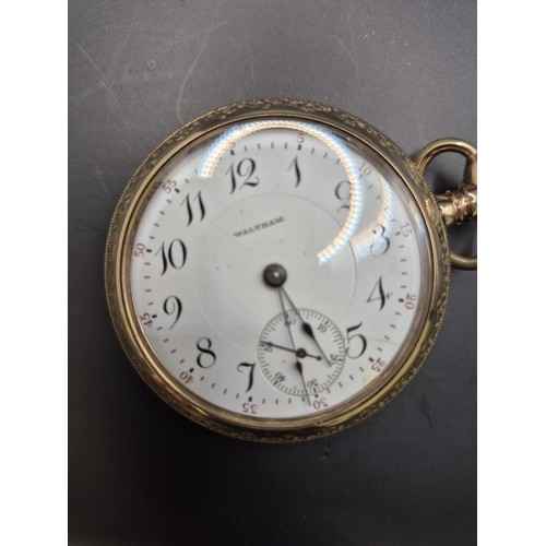 50A - Waltham Gold Plated Pocket Watch Does Wind & Tick but Hands Don't Set to Time has Nice Horse Eng... 