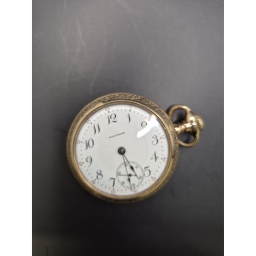 50A - Waltham Gold Plated Pocket Watch Does Wind & Tick but Hands Don't Set to Time has Nice Horse Eng... 