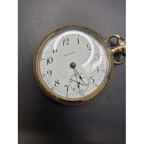 50A - Waltham Gold Plated Pocket Watch Does Wind & Tick but Hands Don't Set to Time has Nice Horse Eng... 