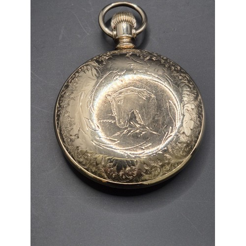 50A - Waltham Gold Plated Pocket Watch Does Wind & Tick but Hands Don't Set to Time has Nice Horse Eng... 