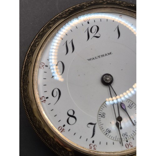 50A - Waltham Gold Plated Pocket Watch Does Wind & Tick but Hands Don't Set to Time has Nice Horse Eng... 