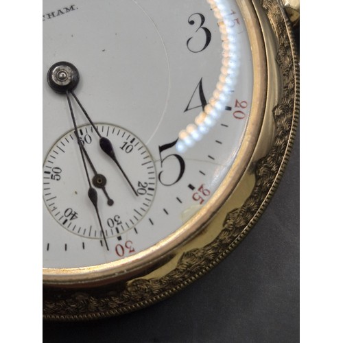 50A - Waltham Gold Plated Pocket Watch Does Wind & Tick but Hands Don't Set to Time has Nice Horse Eng... 