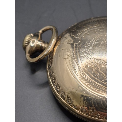 50B - Waltham Gold Plated Pocket Watch in Working Condition Has Nice Horse Engraving to Reverse