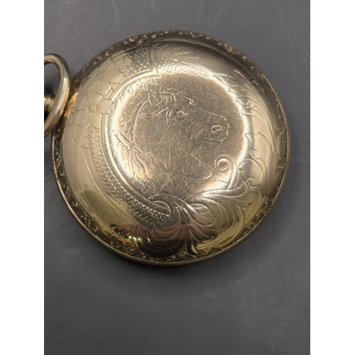 50B - Waltham Gold Plated Pocket Watch in Working Condition Has Nice Horse Engraving to Reverse