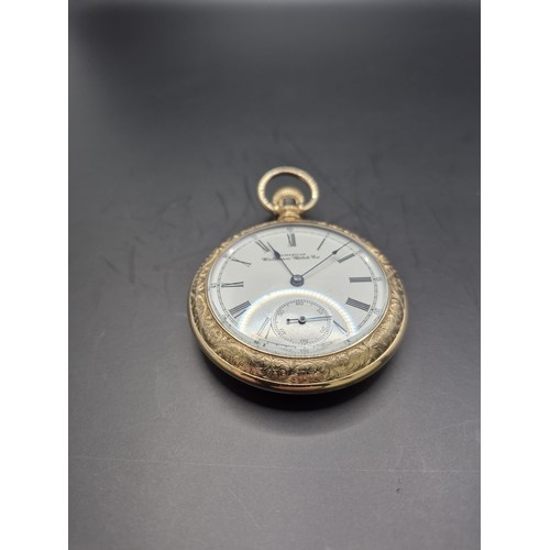 50B - Waltham Gold Plated Pocket Watch in Working Condition Has Nice Horse Engraving to Reverse