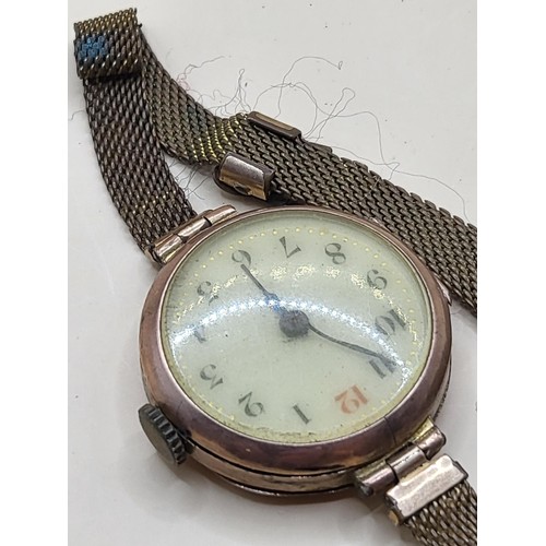 42 - 9ct Gold Cased Ladies Antique Watch on Yellow Metal Strap&nbsp;