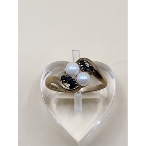 57 - 9ct Gold Pearl & Sapphire Ring Size J Weighs 1.6g Fully Hallmarked&nbsp;