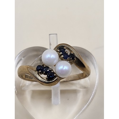 57 - 9ct Gold Pearl & Sapphire Ring Size J Weighs 1.6g Fully Hallmarked&nbsp;