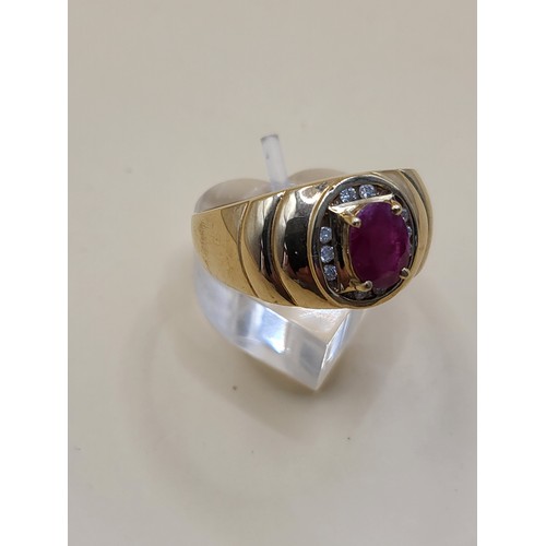 1 - Gent's 9ct Gold Large Ruby & Diamonds Ring Size X Weighs 7.8g Fully Hallmarked Good Condition&nb... 