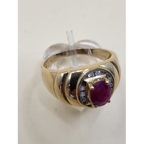 1 - Gent's 9ct Gold Large Ruby & Diamonds Ring Size X Weighs 7.8g Fully Hallmarked Good Condition&nb... 