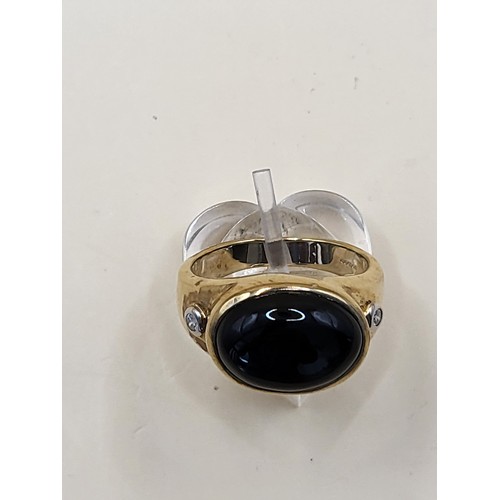 6 - 9ct Gold Gent's Black Onyx Cabochon & Diamonds Signet Ring Size T Weighs 8.6g Fully Hallmarked V... 