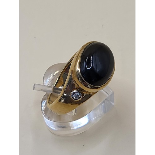 6 - 9ct Gold Gent's Black Onyx Cabochon & Diamonds Signet Ring Size T Weighs 8.6g Fully Hallmarked V... 