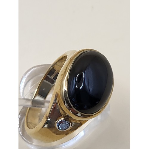 6 - 9ct Gold Gent's Black Onyx Cabochon & Diamonds Signet Ring Size T Weighs 8.6g Fully Hallmarked V... 
