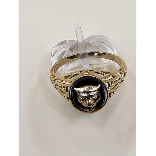 11 - 9ct Gold Gent's Jaguar & Onyx Mascot Ring Size Y Weighs 4g Good Condition Fully Hallmarked&nbsp;