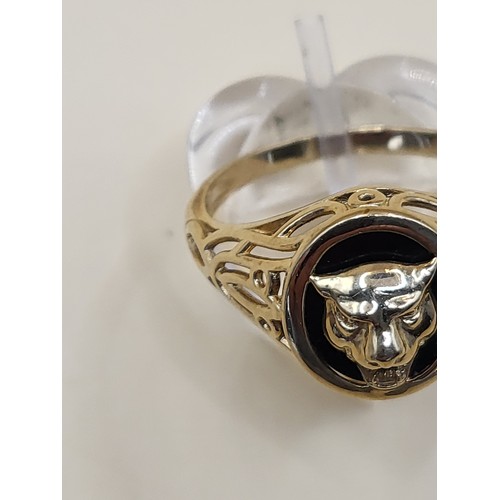 11 - 9ct Gold Gent's Jaguar & Onyx Mascot Ring Size Y Weighs 4g Good Condition Fully Hallmarked&nbsp;