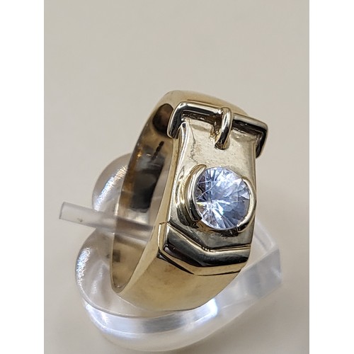 16 - 9ct Gold Gent's Single Stone Buckle Ring Possible White Sapphire or Moissanite As Test High on Diamo... 
