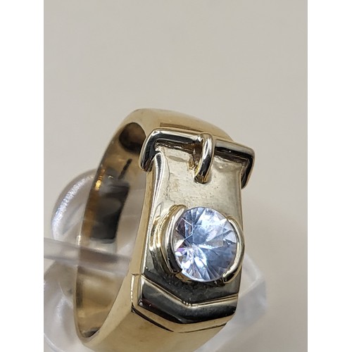 16 - 9ct Gold Gent's Single Stone Buckle Ring Possible White Sapphire or Moissanite As Test High on Diamo... 