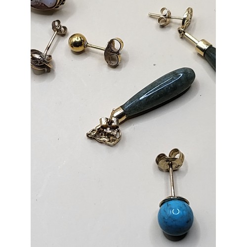 35 - Pair of 14ct Gold Jade Earrings Fully Hallmarked on Stem Along with Other Odd Gold Earrings Weighs 6... 